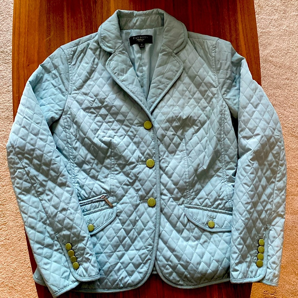 Talbots Diamond Quilted Jacket in Robbin Egg Blue.